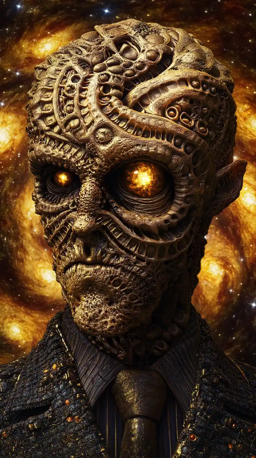 Bio metallic humanoid monster in fluorescent cosmic chaos