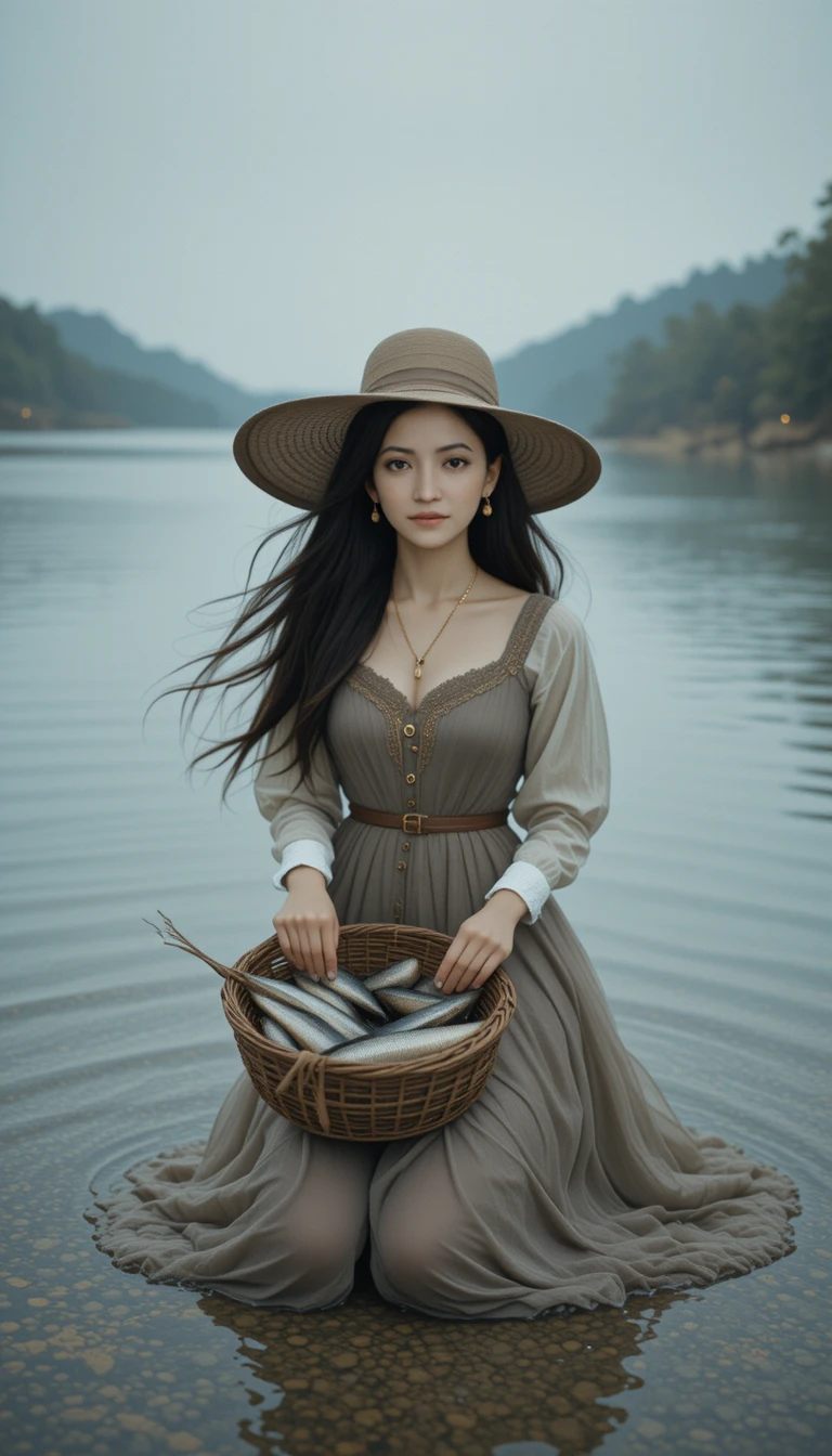 Ethereal Woman Kneeling By A Quiet Lakeside Shore