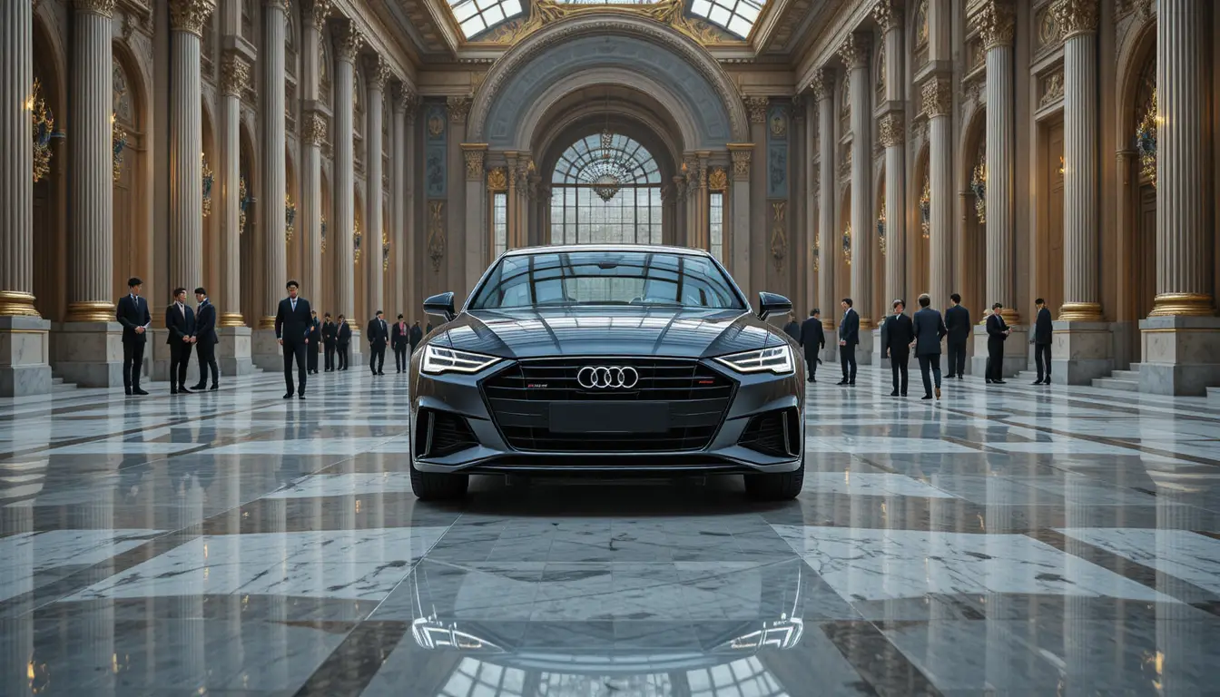 Dark grey luxury car in a grand palace hall