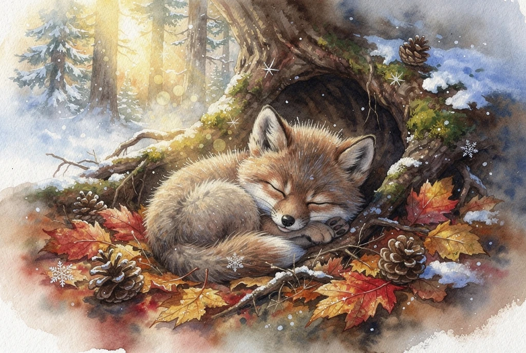 Bébé loup endormi dans un terrier forestier aquarelle et douillet