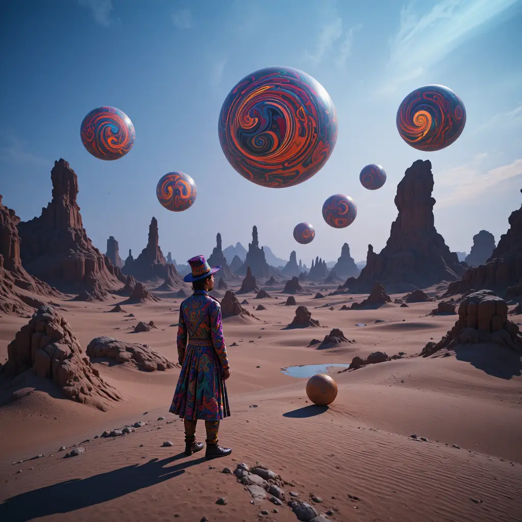 Man Watching Psychedelic Spheres Above A Surreal Desert