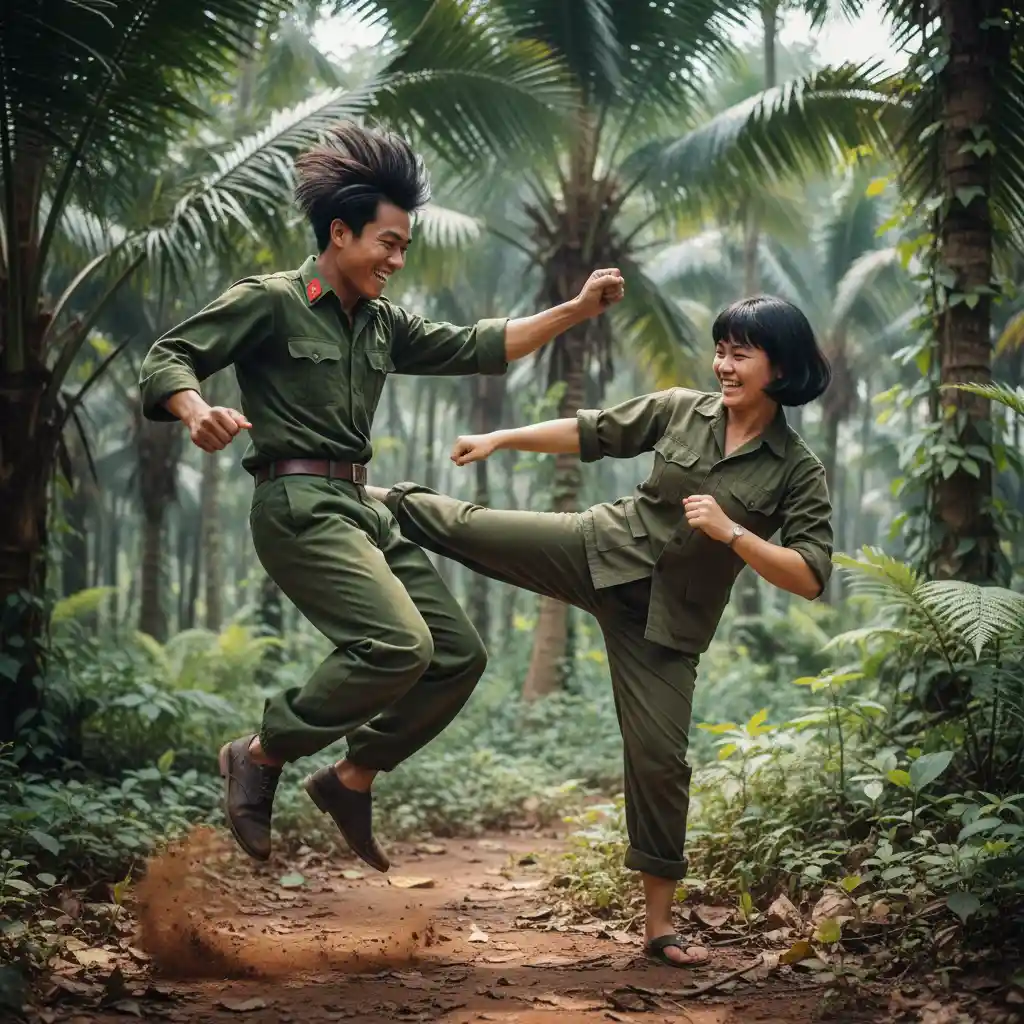 Playful sparring between rival Vietnamese soldiers in jungle