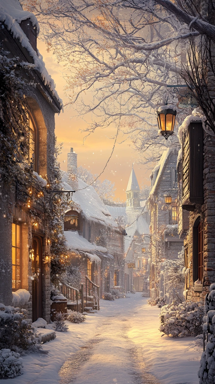 Friedliche Winterstadtstraße mit warm leuchtenden Fenstern