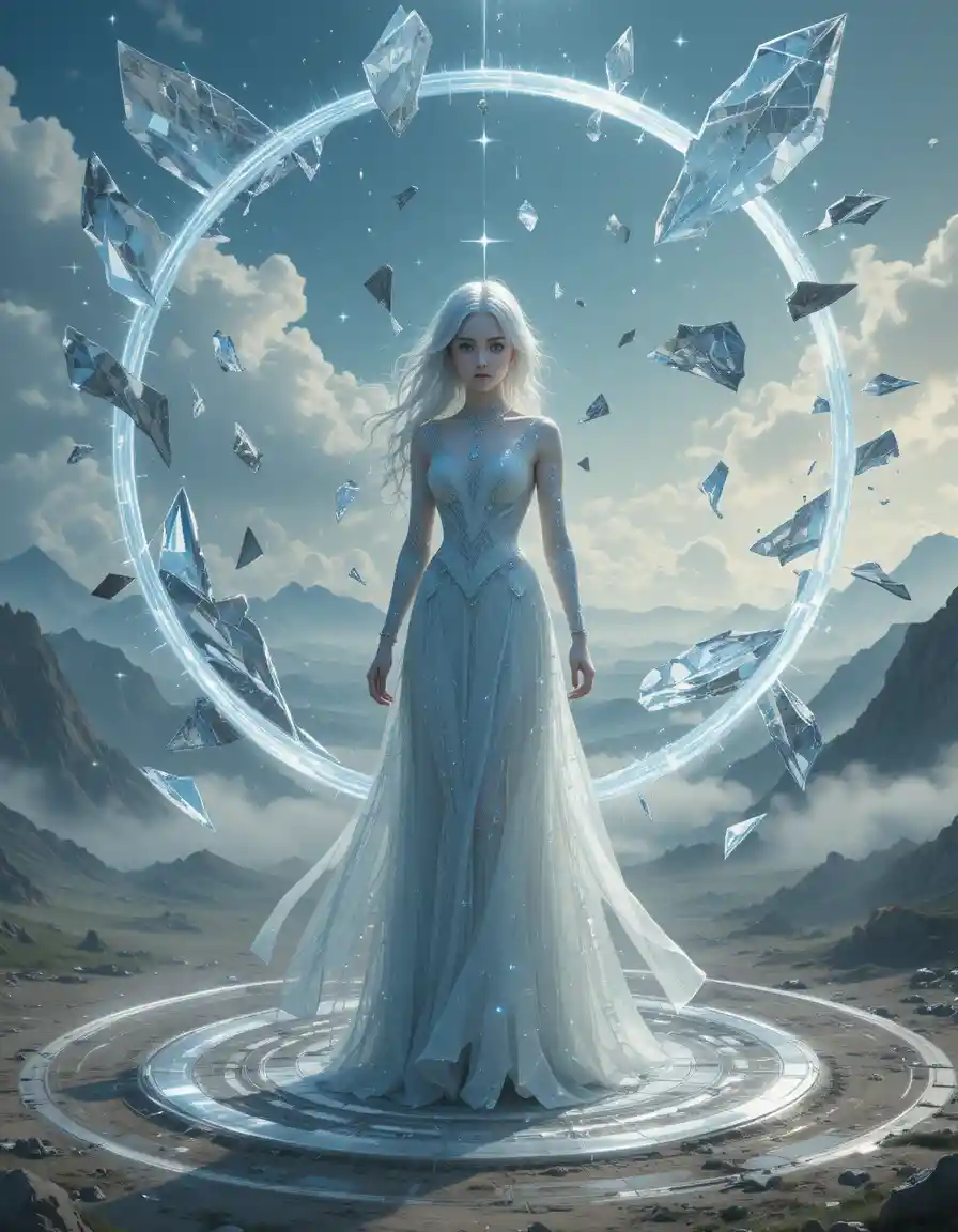 Silver haired girl in crystal form within glowing magic circle