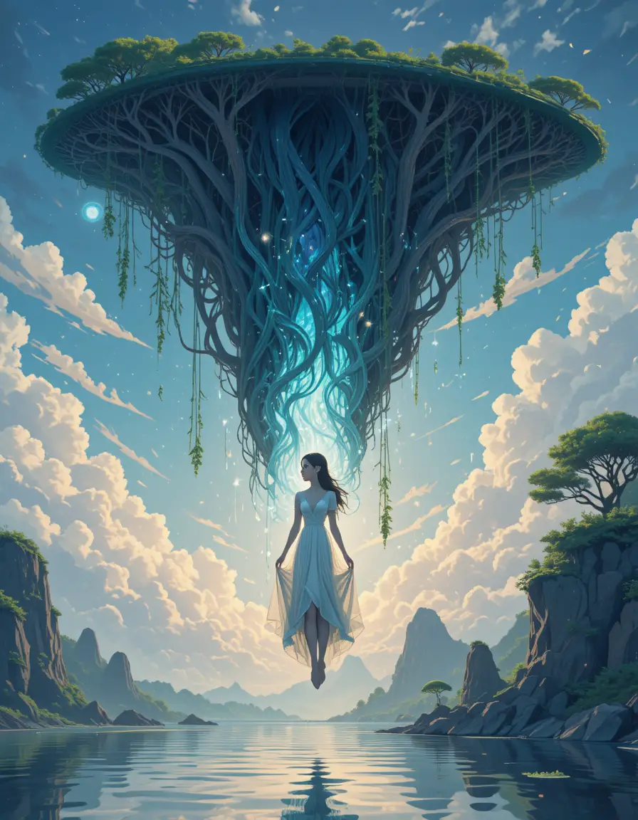 Elven girl standing on an inverted lake in the sky