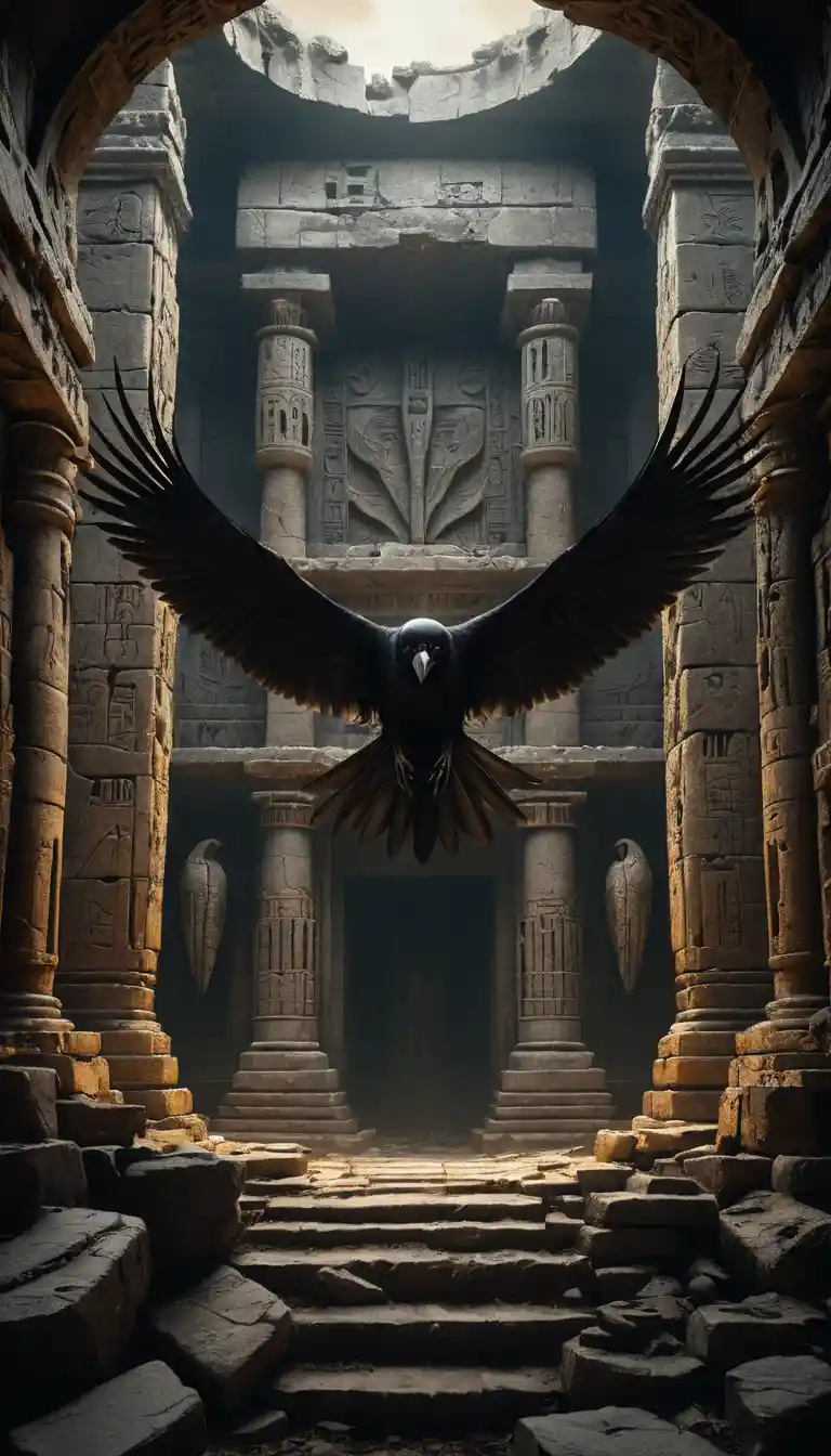 Black bird soaring above ancient ruins in torchlight