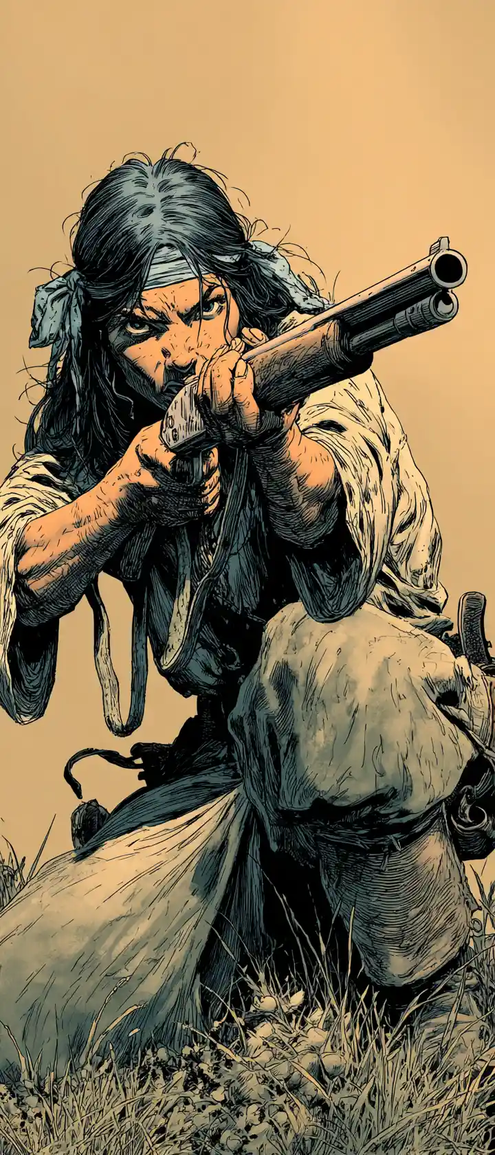 Colonial peasant girl aiming a shotgun in tension