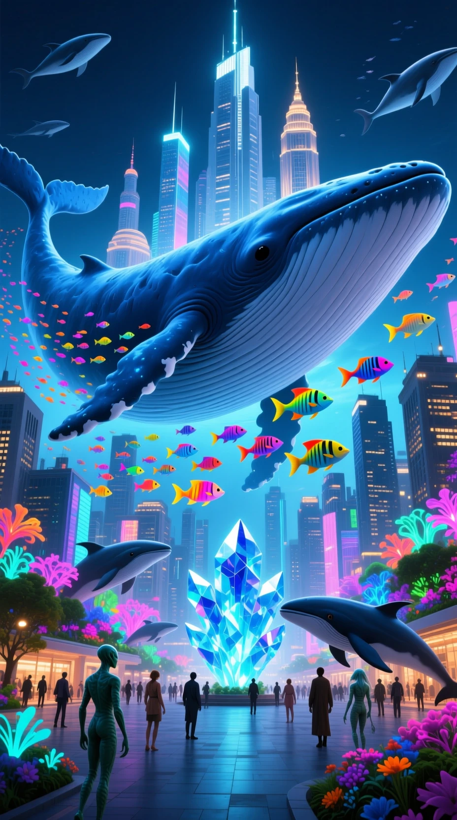 Ciudad bioluminiscente construida sobre el lomo de una ballena