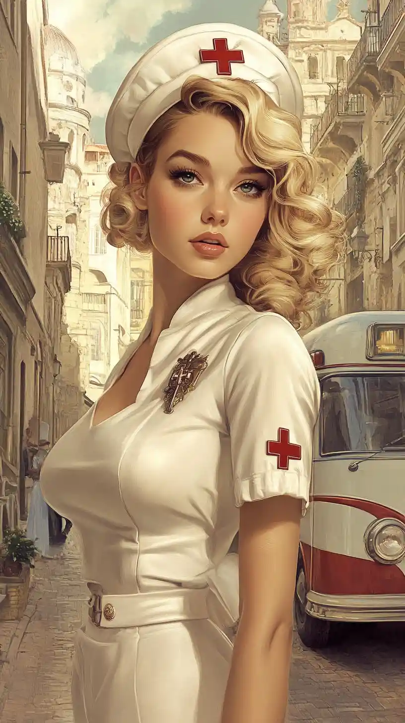 Vintage nurse on a classic European city street illustration