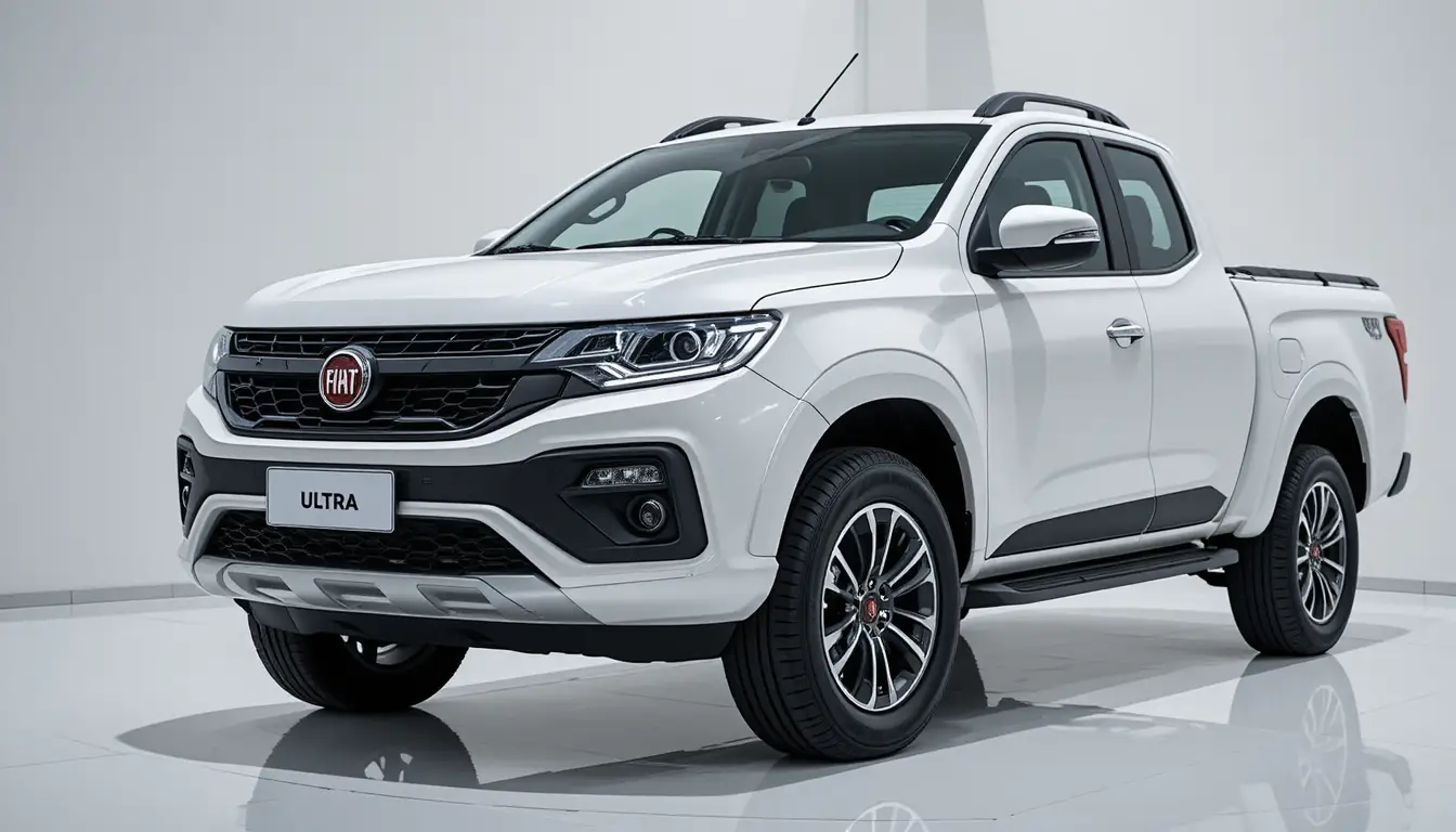 Futuristic Fiat Strada ultra pickup truck in bright showroom