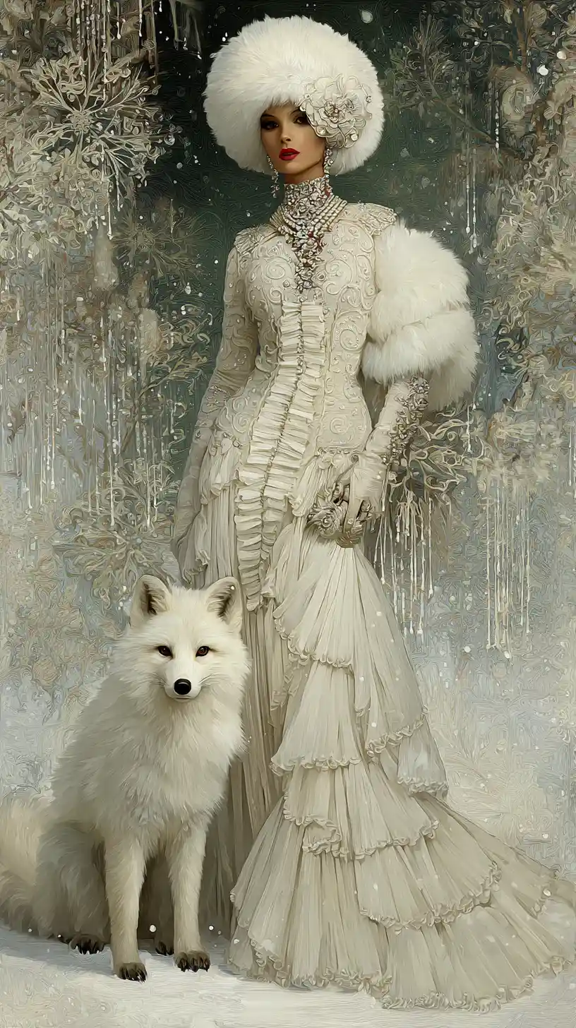 Vintage winter diva in white gown with polar fox