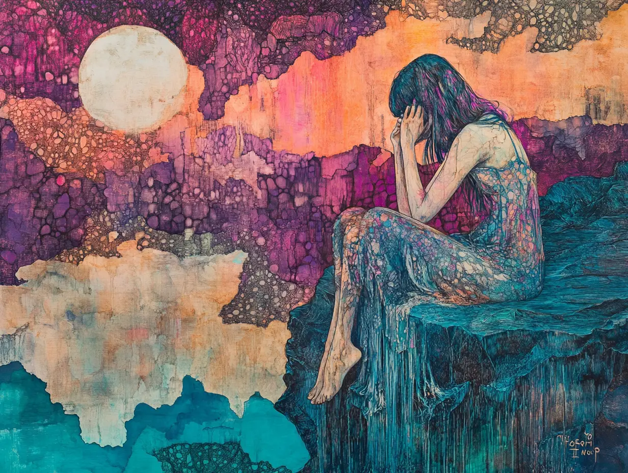 Sad girl sitting on a cliff in surreal line art