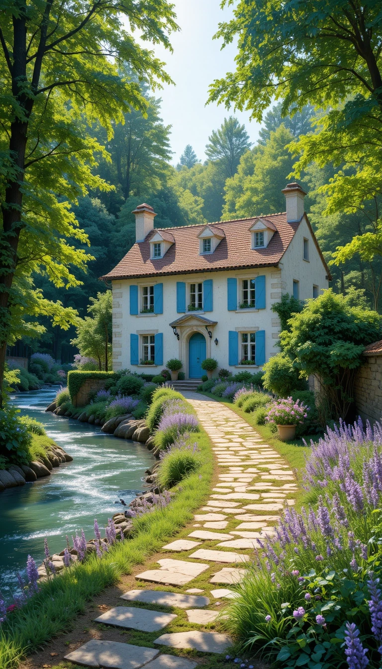 Weißes Landhaus am Waldfluss im Tageslicht