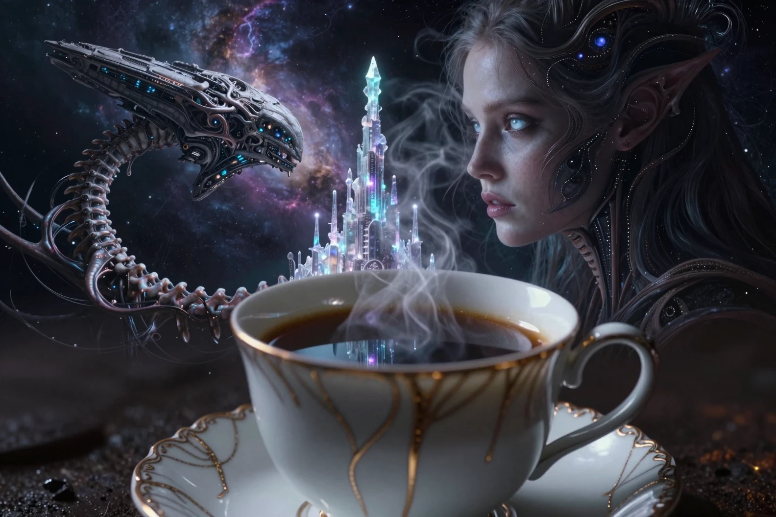 Tazza di caffè surreale con volto femminile biomeccanico cosmico