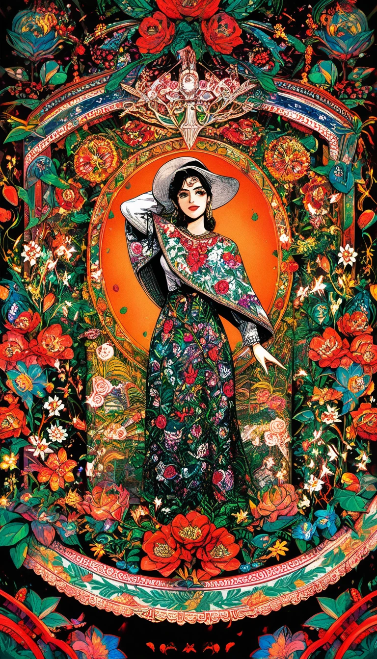 Mystical death saint amid florals and sacred symbols