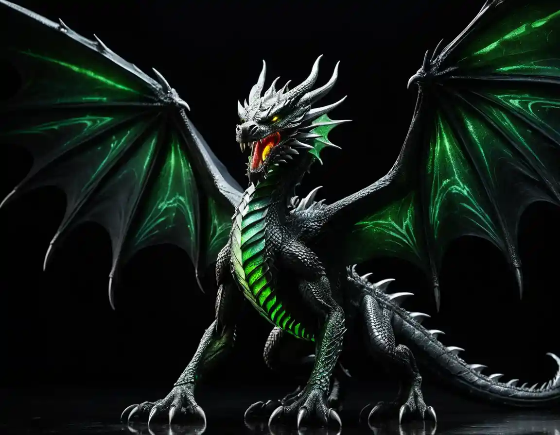 Metallic dragon with glowing green markings in smoky darkness