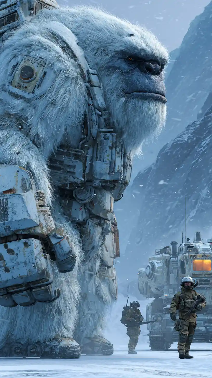 Armored white yeti close up beside winter soldier