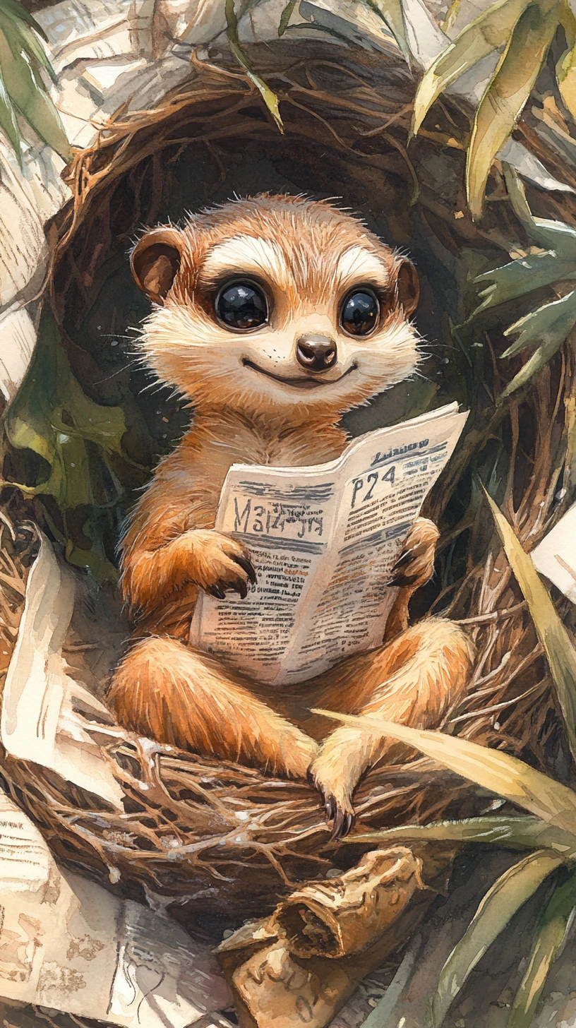 溫馨花園巢中開心閱讀的狐獴
