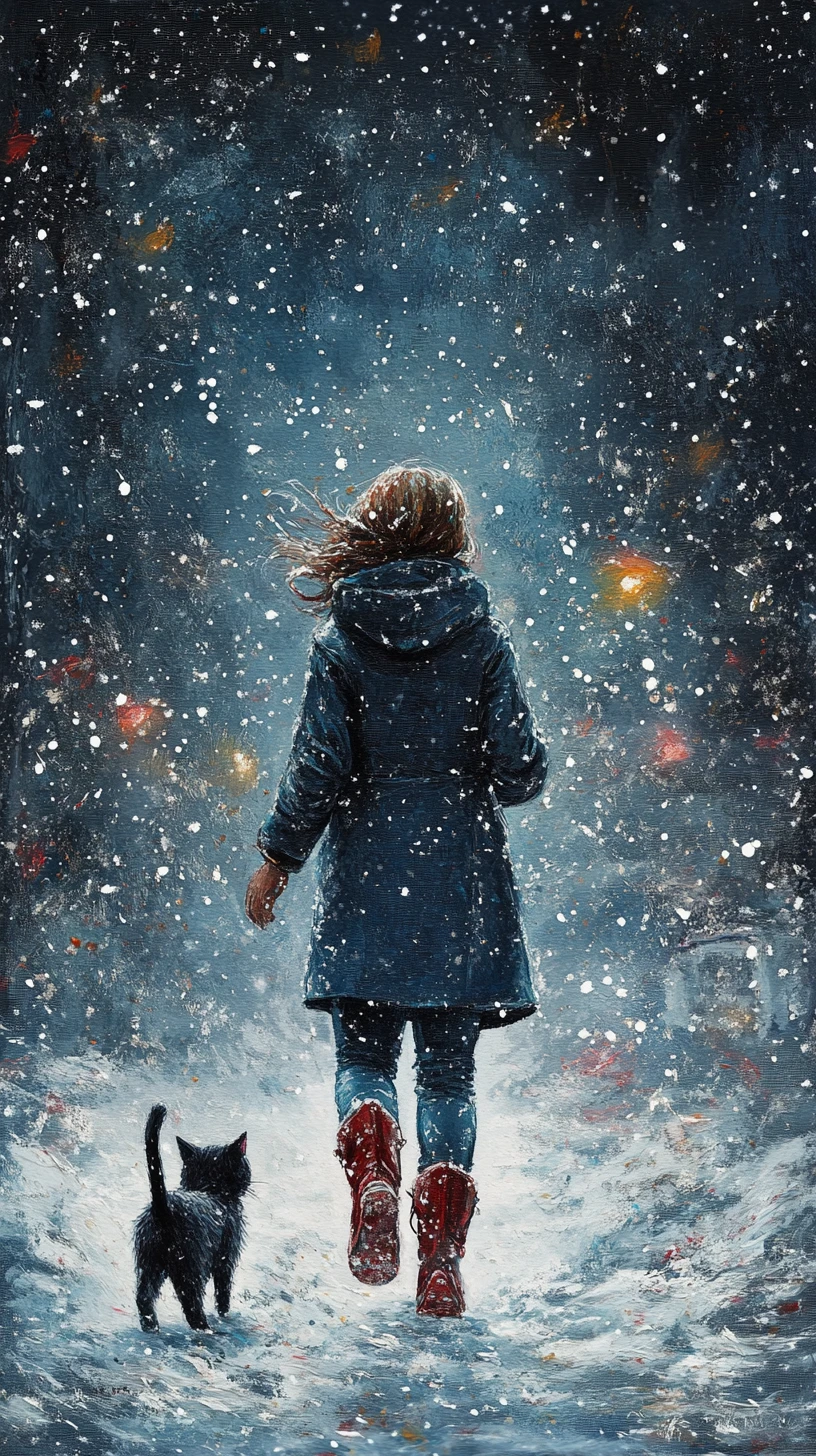 超現実的な空の下、雪の中を歩くネコの女性