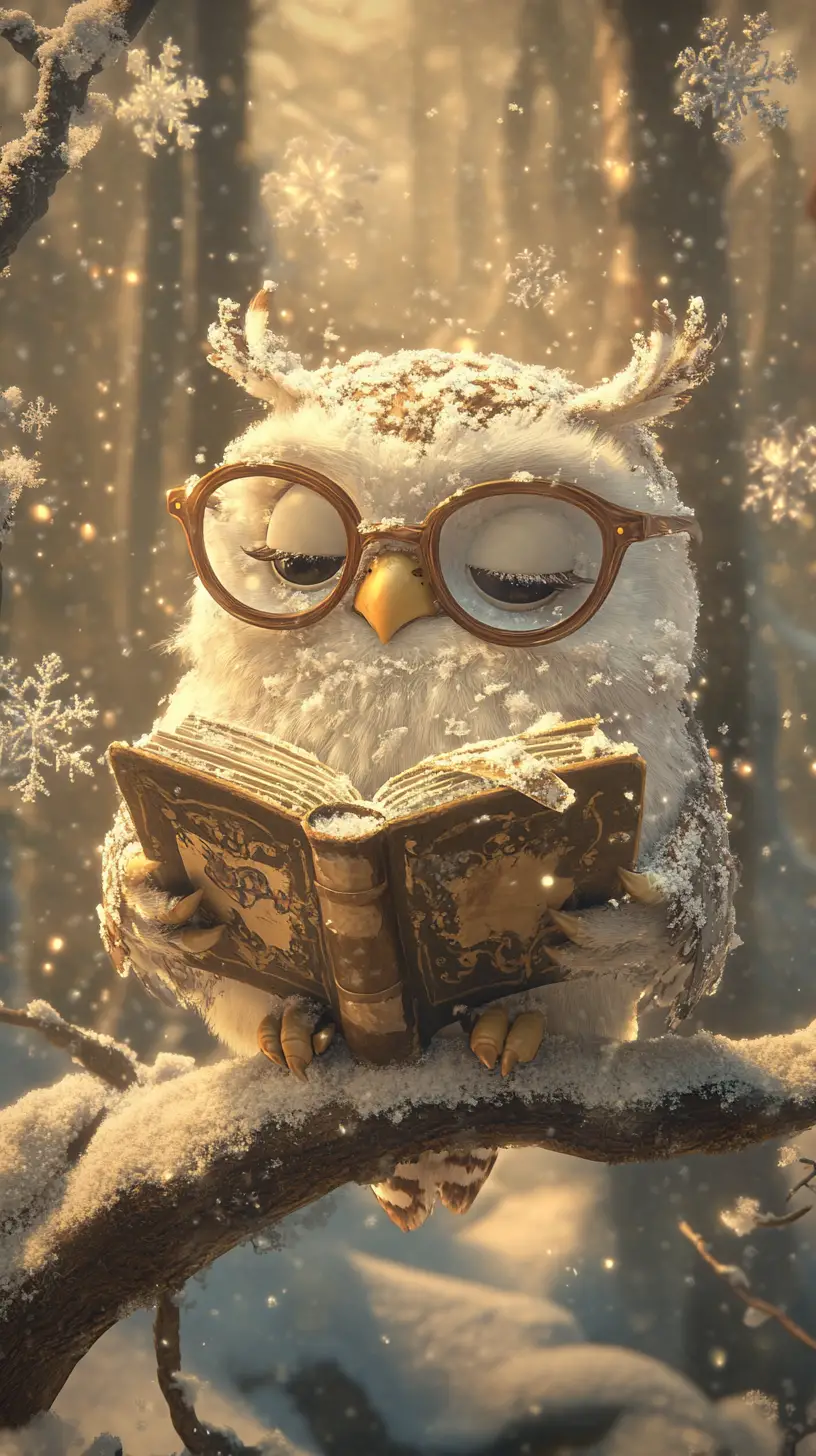 Wise owl reading on a snowy magical forest branch
