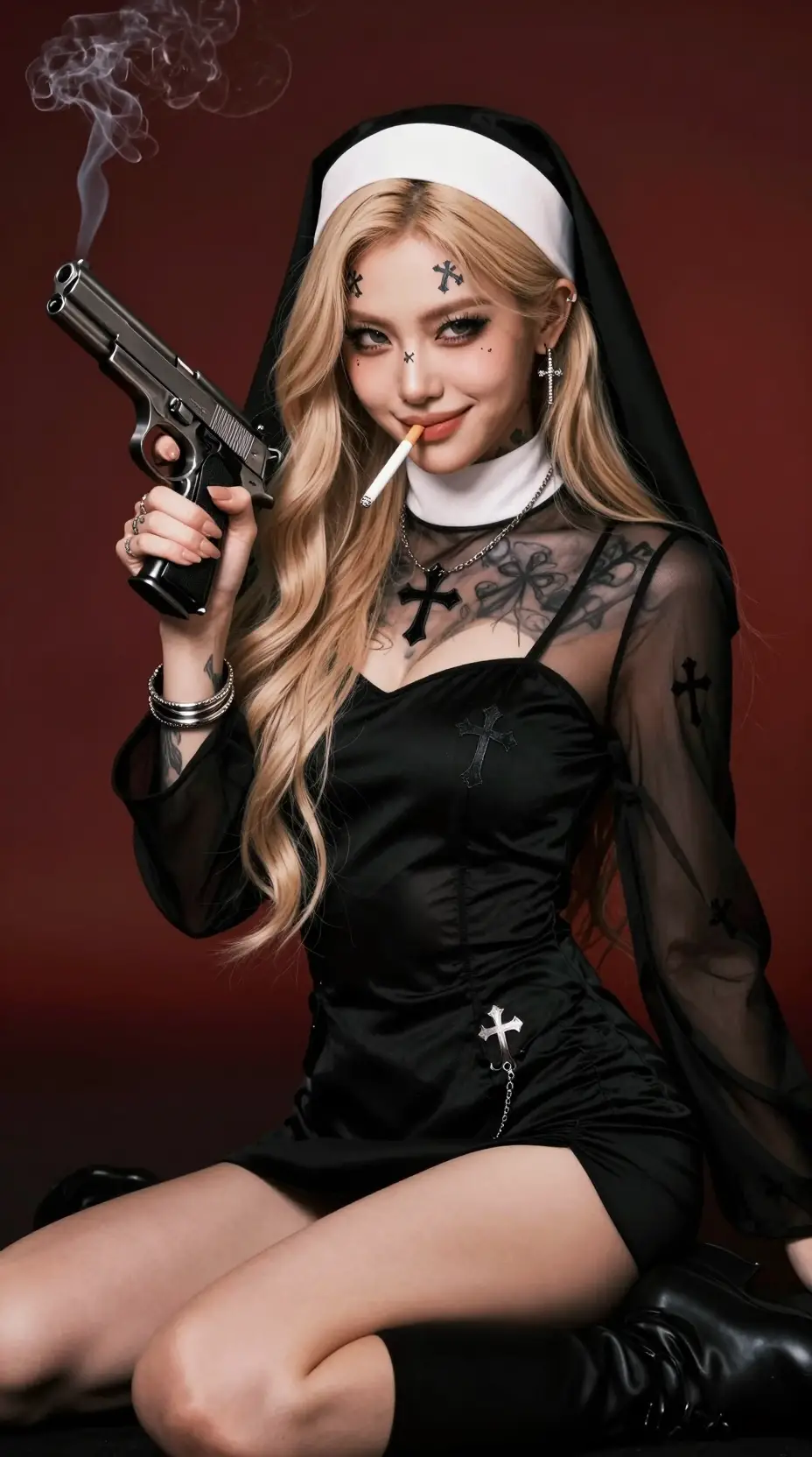 Tattooed blonde woman as dark nun with gun