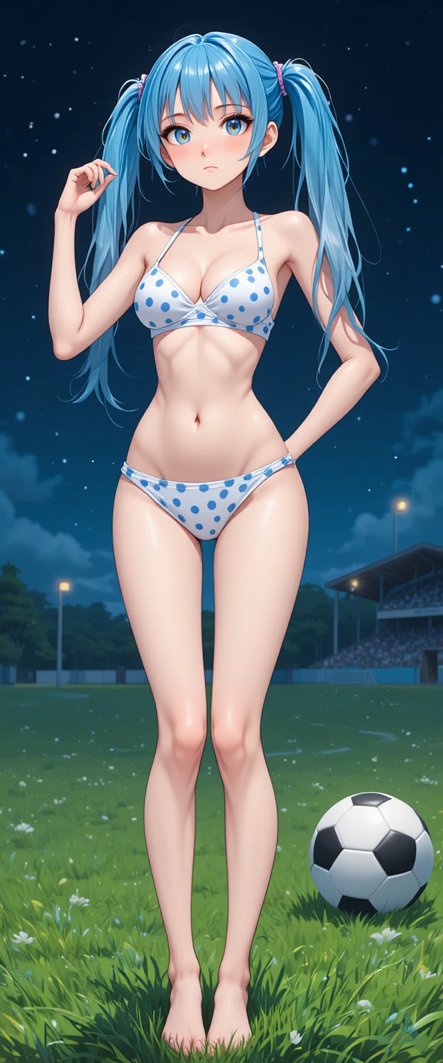 Blue haired anime girl in bikini on night soccer field