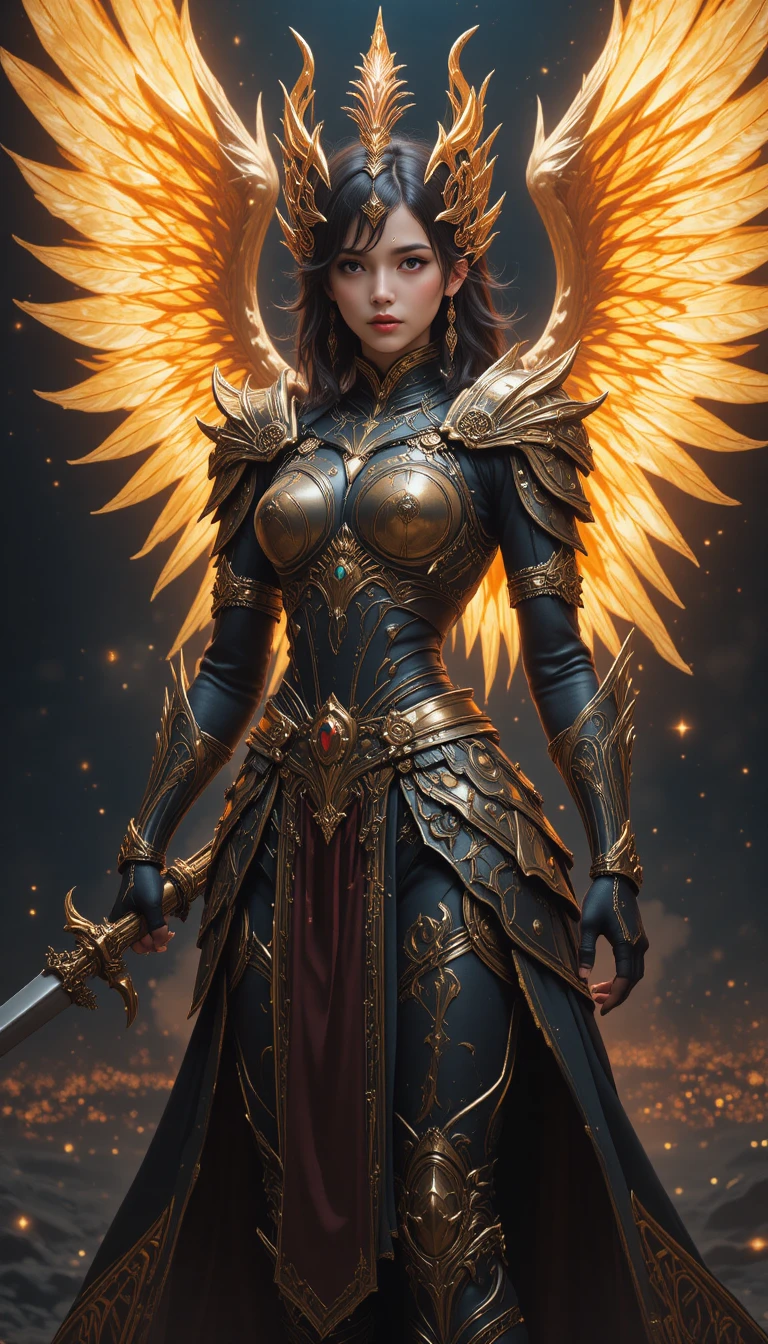 Regal armored angelic warrior with glowing orange wings