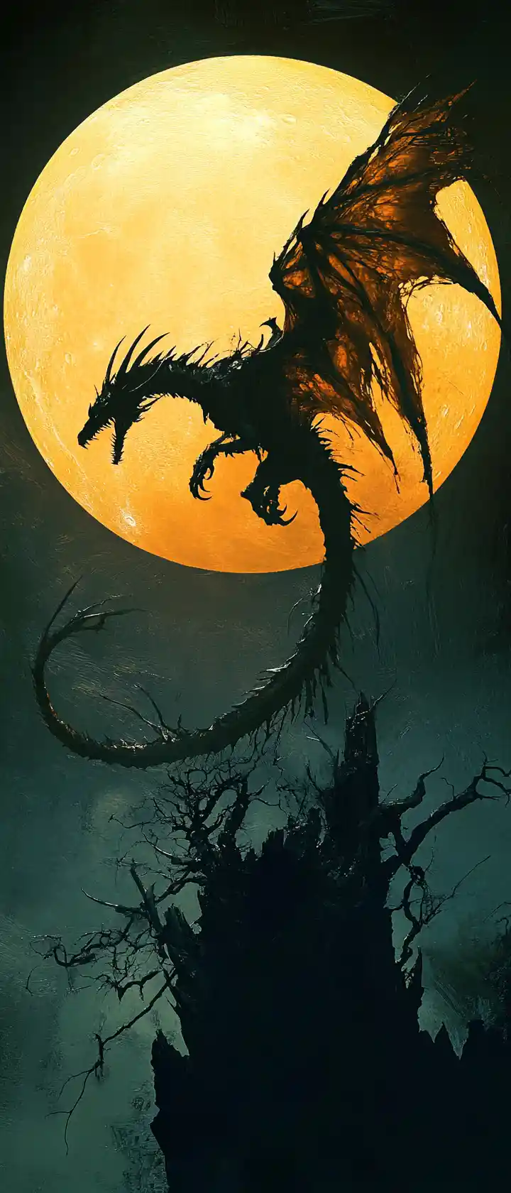 Gigantic dragon silhouetted against a glowing full moon