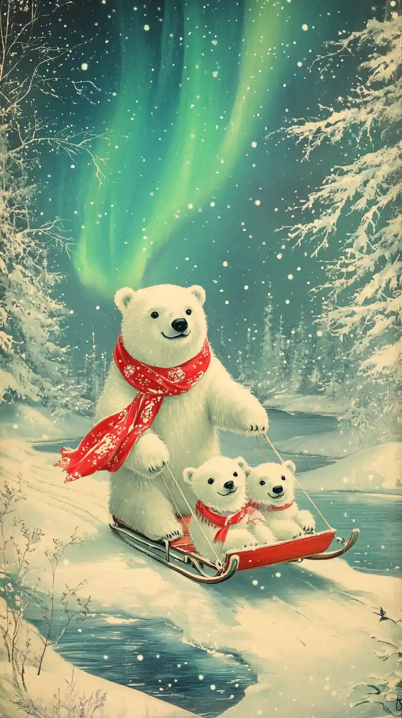 Vintage winter card with polar bear and playful cubs