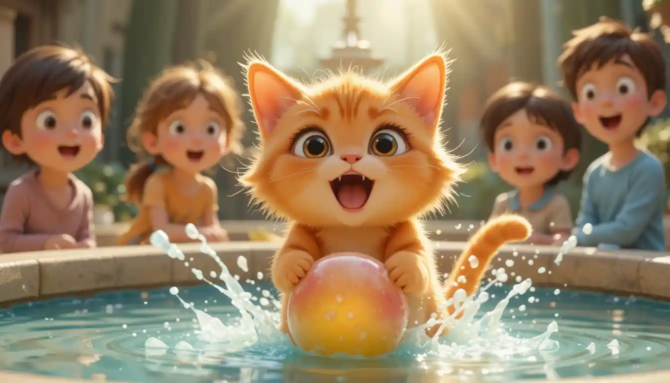Gatto cartone animato carino vicino a una fontana in colori pastello