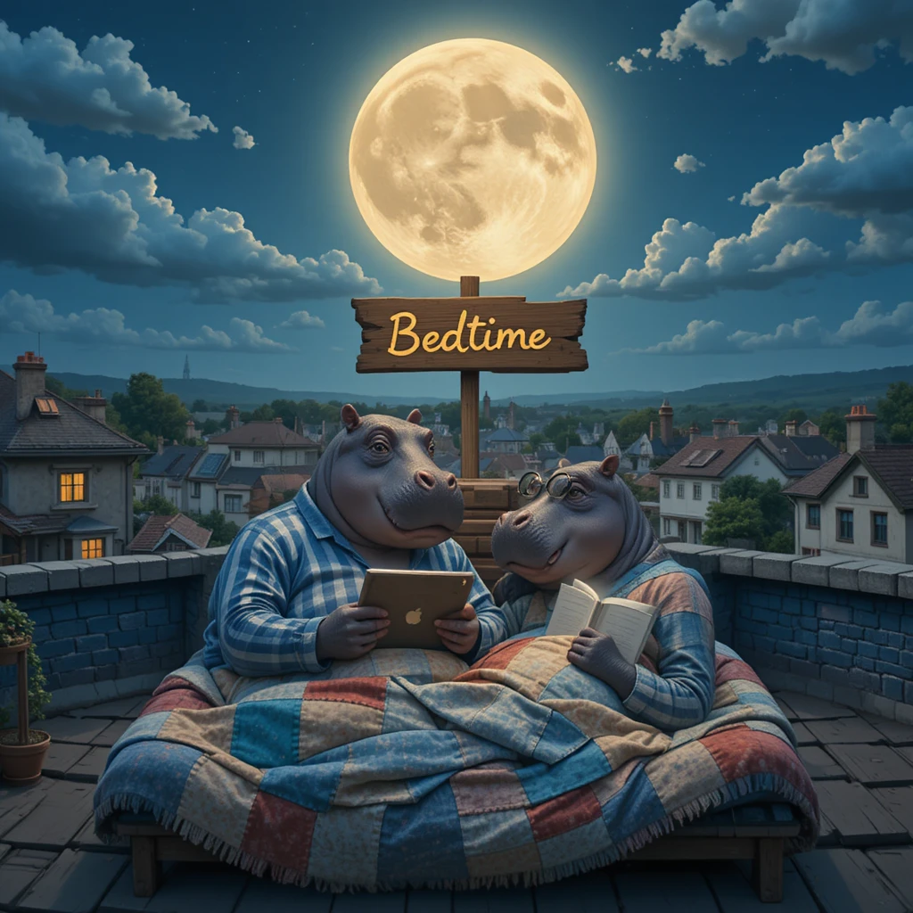 Pareja de hipopótamos leyendo en la cama bajo una luna brillante en la azotea