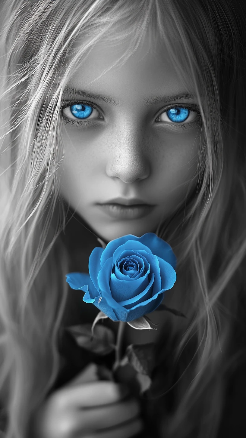 Melancholic girl with blue eyes holding a single blue rose