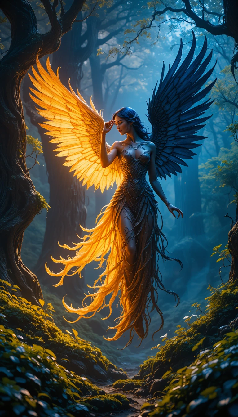 Celestial angel of light and shadow in enchanted forest