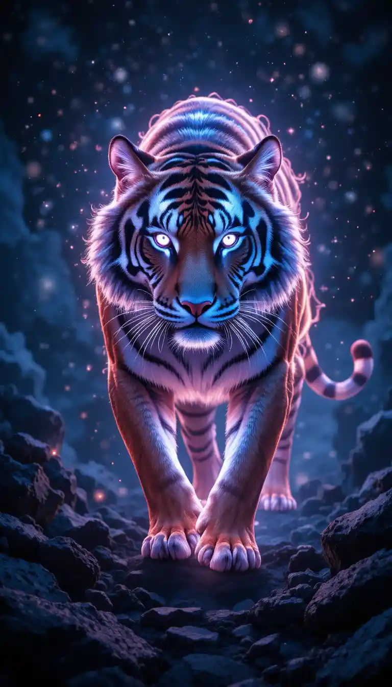 Tigre mistica e luminosa che avanza nello spazio cosmico oscuro