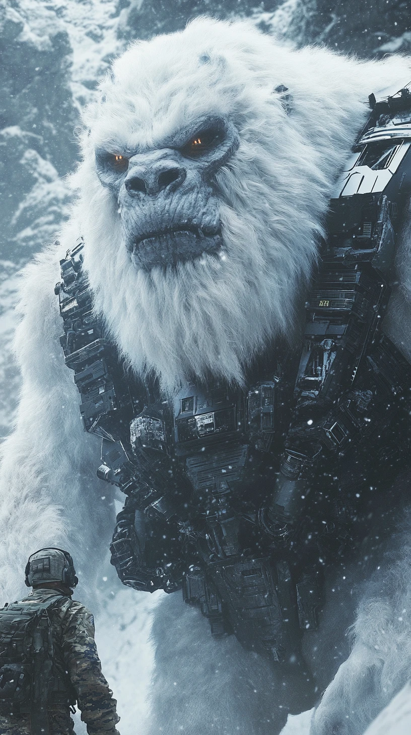 Cyber armored white yeti beside soldier in snowy mountains