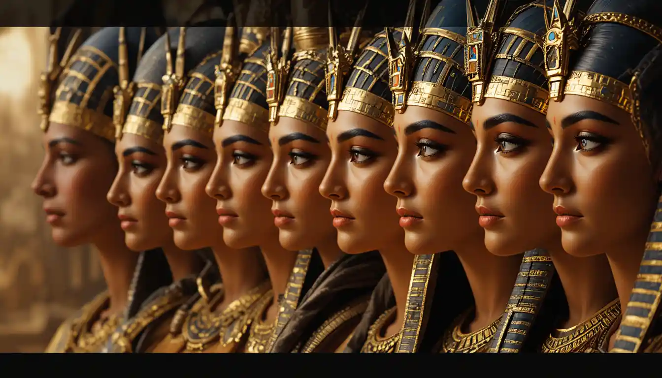 Ancient Egyptian pharaohs and queens standing together