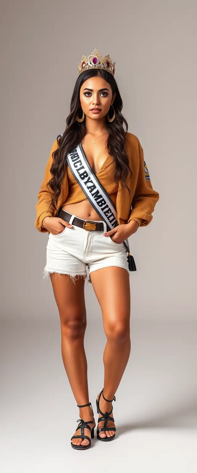 Reine de beauté confiante posant avec une couronne et un ring light