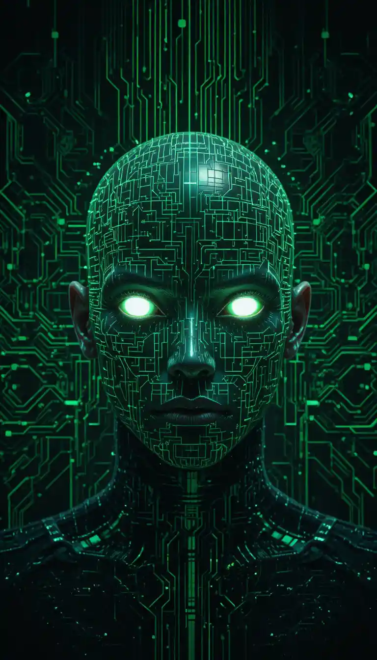 Visage androgyne d’androïde aux yeux lumineux dans une grille de circuits