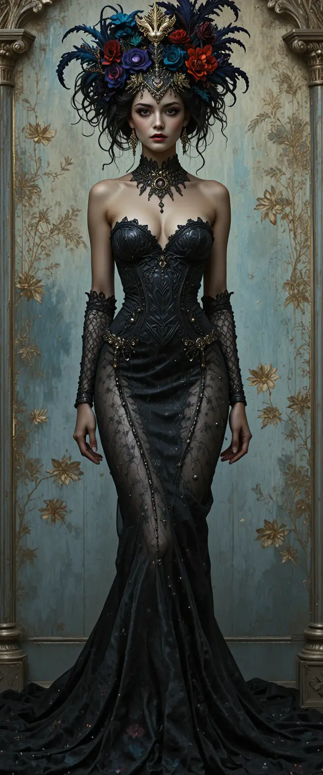 Glamorous baroque woman lounging in a boudoir setting