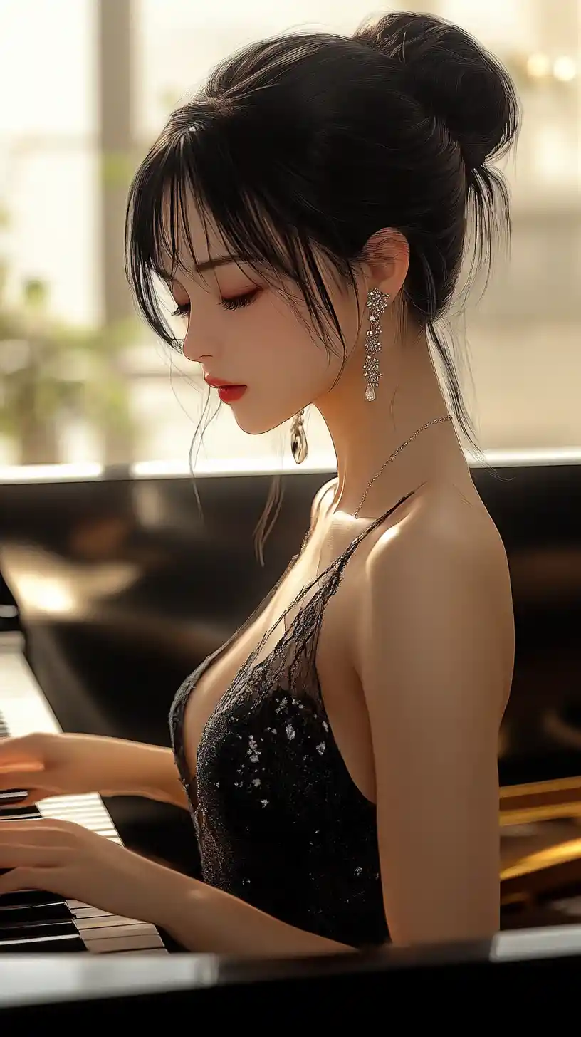 Elegant anime woman in black dress playing grand piano