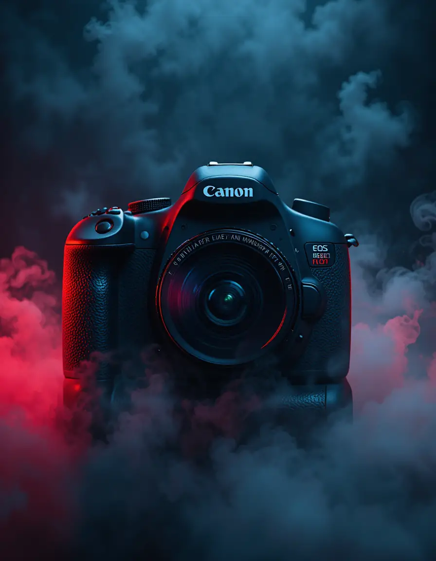 Canon DSLR camera on dark cinematic studio background