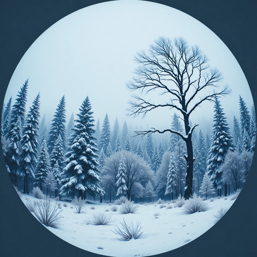 Forêt d’hiver enneigée encadrée par une vignette circulaire