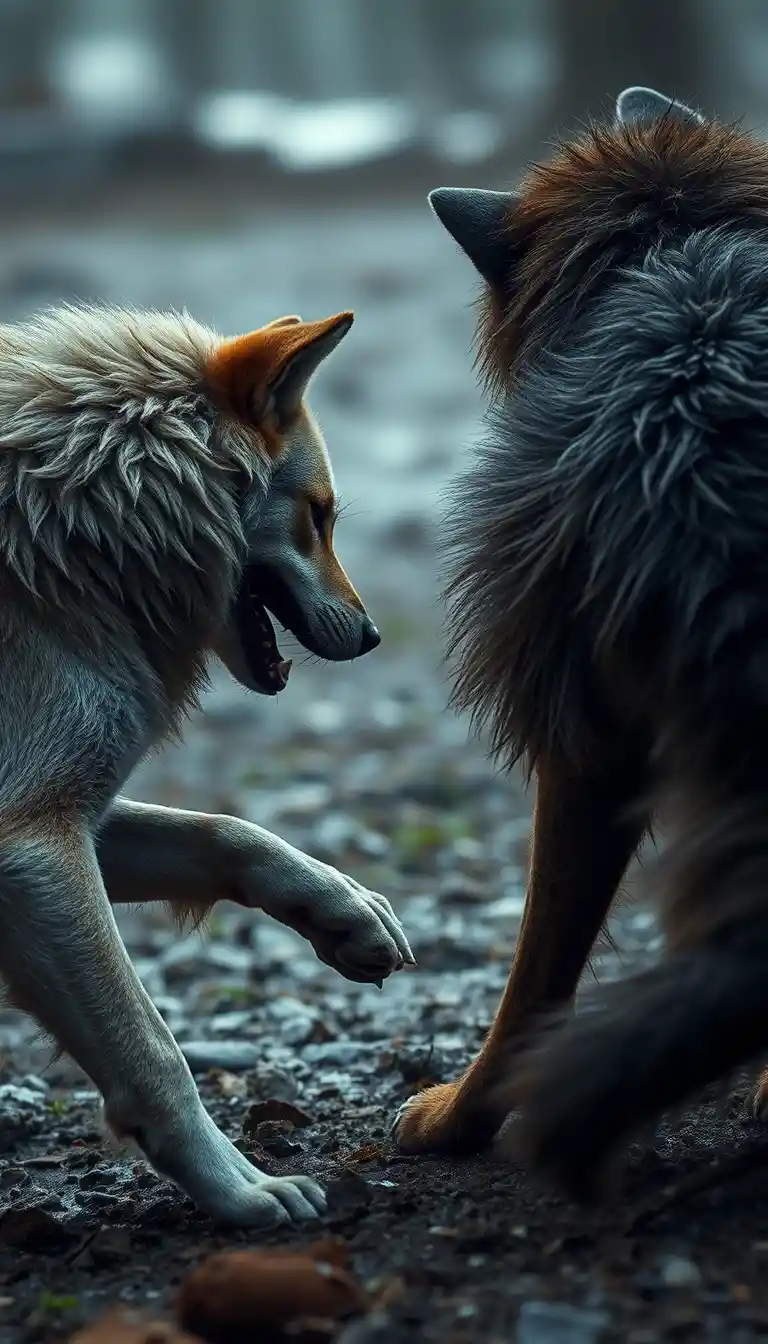 Dois lobos feridos circulando em um tenso confronto na selva