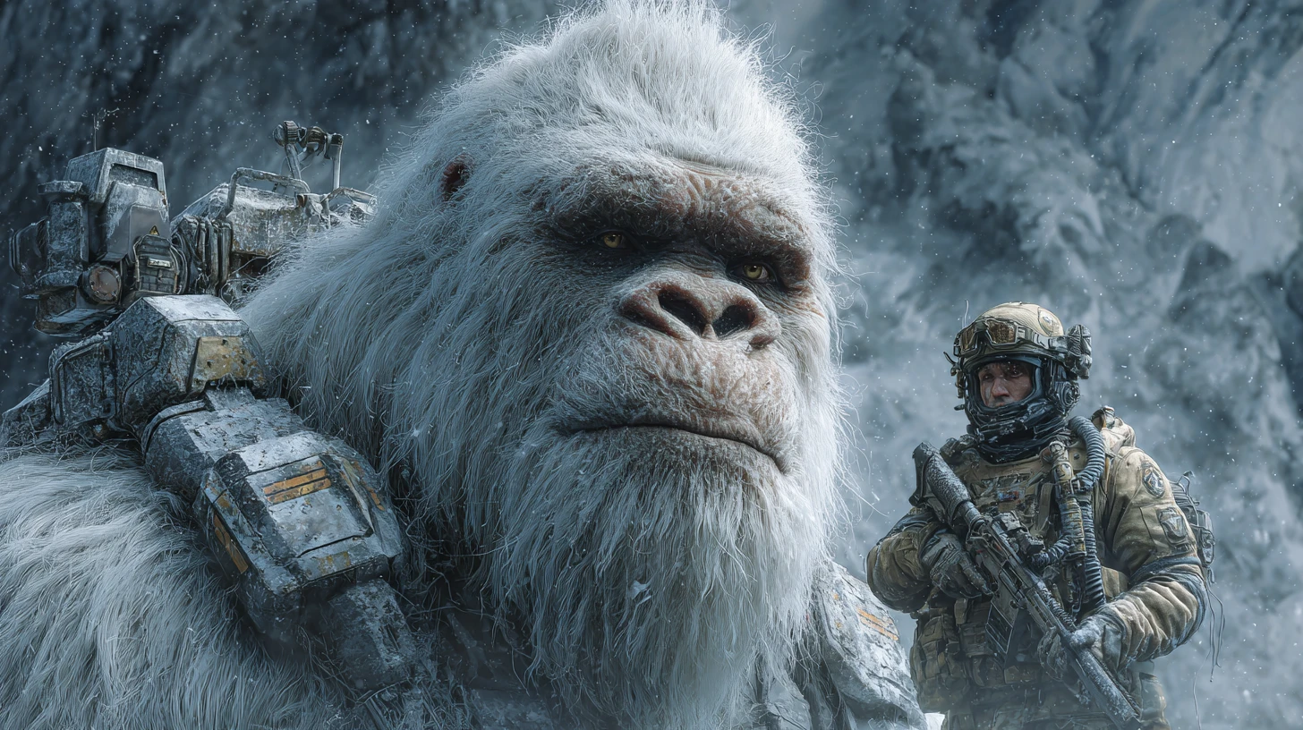 Cyber armored white yeti close up in snowy mountains