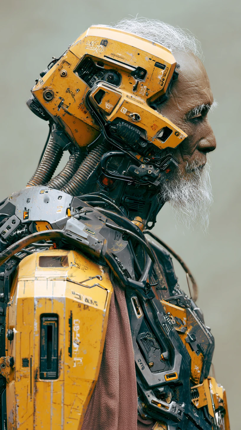 Cyberpunk Asian elder with mechanical torso and mask