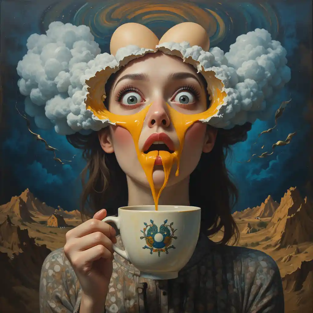 Donna surreale con la testa spaccata da cui fuoriescono uova fritte dorate