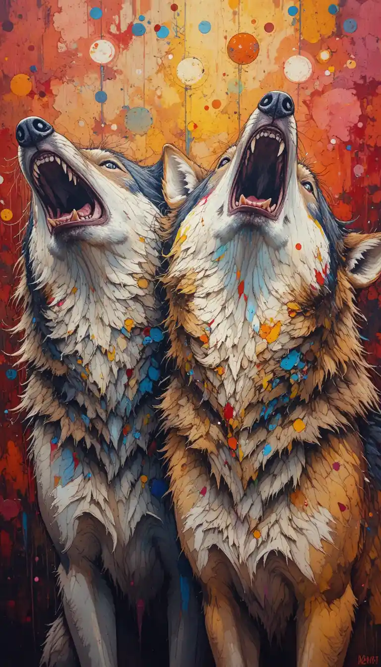 Two wolves barking loudly in vivid impressionist color