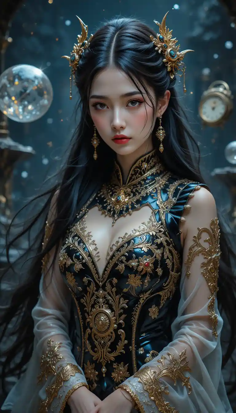 Dark fantasy goddess in ornate cheongsam with floating orbs