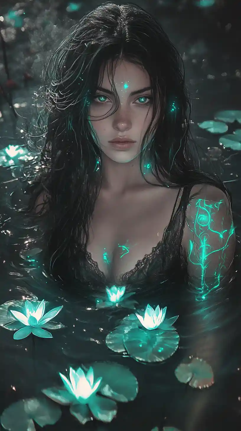 Ethereal gothic woman rising from a glowing dreamlike lake
