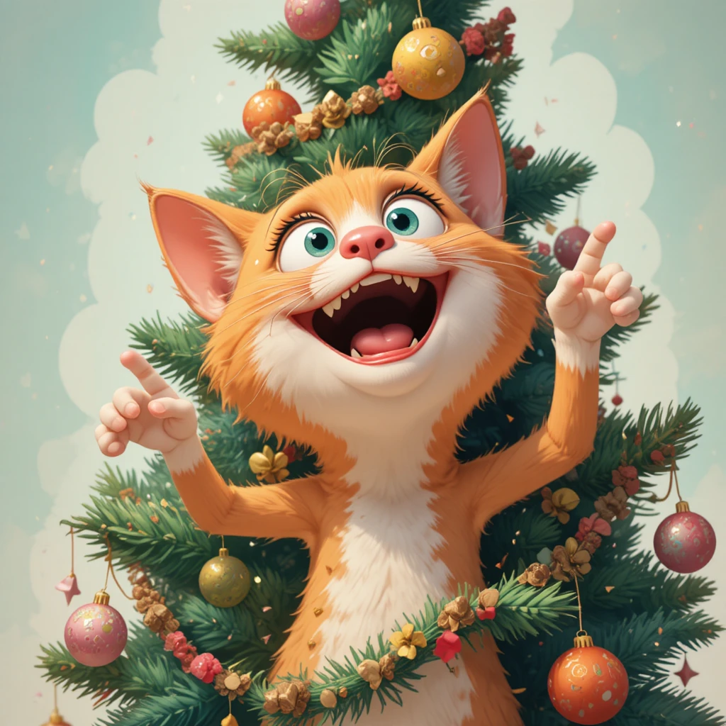 Playful cartoon cat gazing up at a decorated new year tree